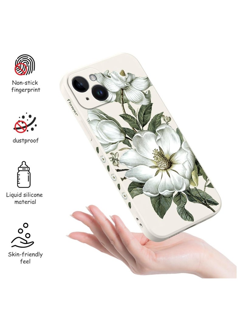 iPhone 14 Plus حقيبة حالة تصميم نمط الزهور الإبداعي - غطاء هاتف سيليكون ناعم ورقيق ومضاد للصدمات لجهاز iPhone 14 Plus، 6.7 بوصة - أبيض قطني - Image 3