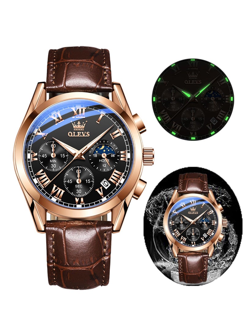 أوليفز ساعات كوارتز كرونوغراف للرجال من OLEVS، هيكل ذهبي بسوار جلدي مع تاريخ نهاري، ساعة يد من الفولاذ المقاوم للصدأ مقاومة للماء، ساعات مضيئة للرجال، الموضة والترفيه - Image 1