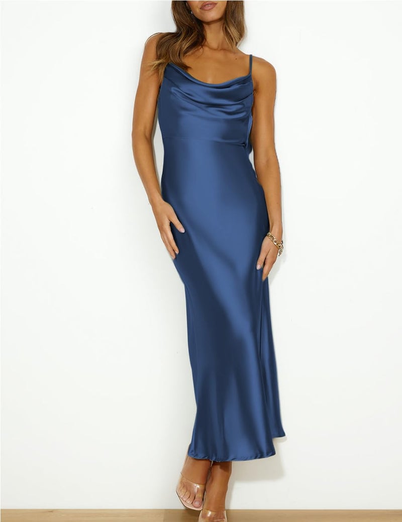 Mogidol Summer Satin Spaghetti Strap Cowl Neck Backless Midi Dresses for Women Elegant Tie Low Back Ruched Cocktail Dress Navy - Image 4