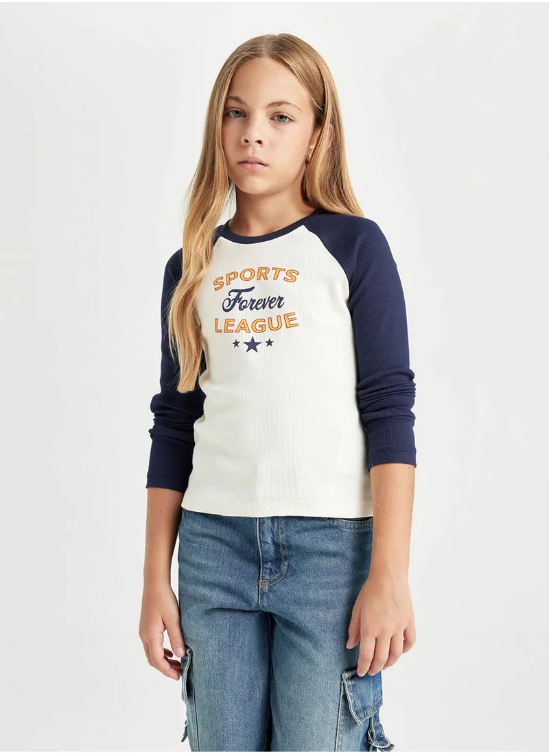 DeFacto Cropped Crew Neck Printed Ribbed Long Sleeve T-Shirt