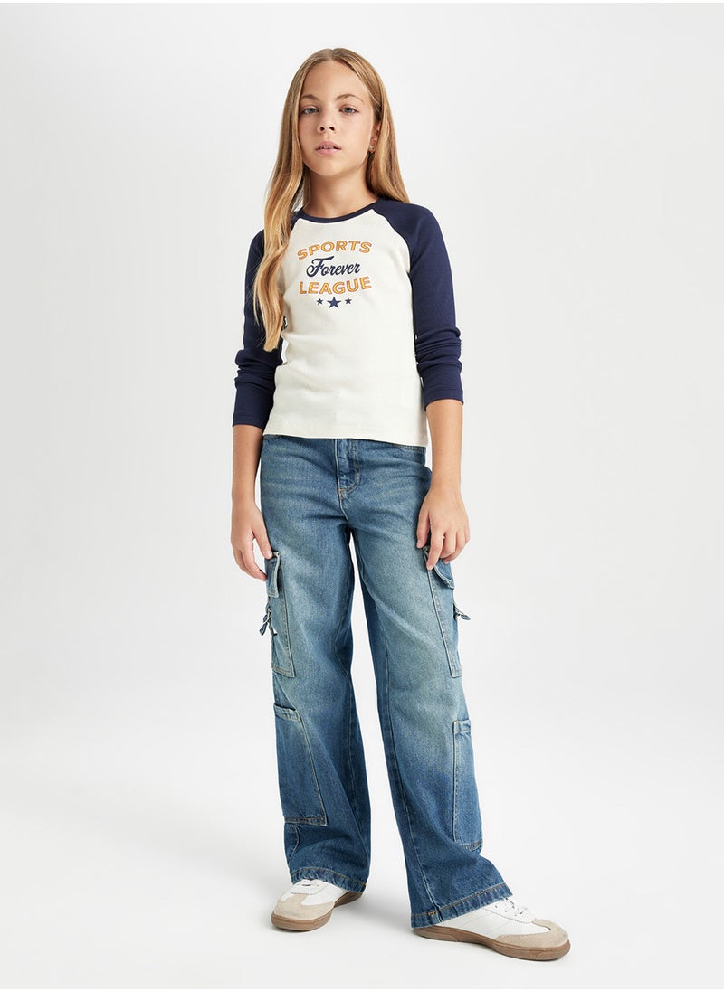 DeFacto - Cropped Crew Neck Printed Ribbed Long Sleeve T-Shirt - Image 1