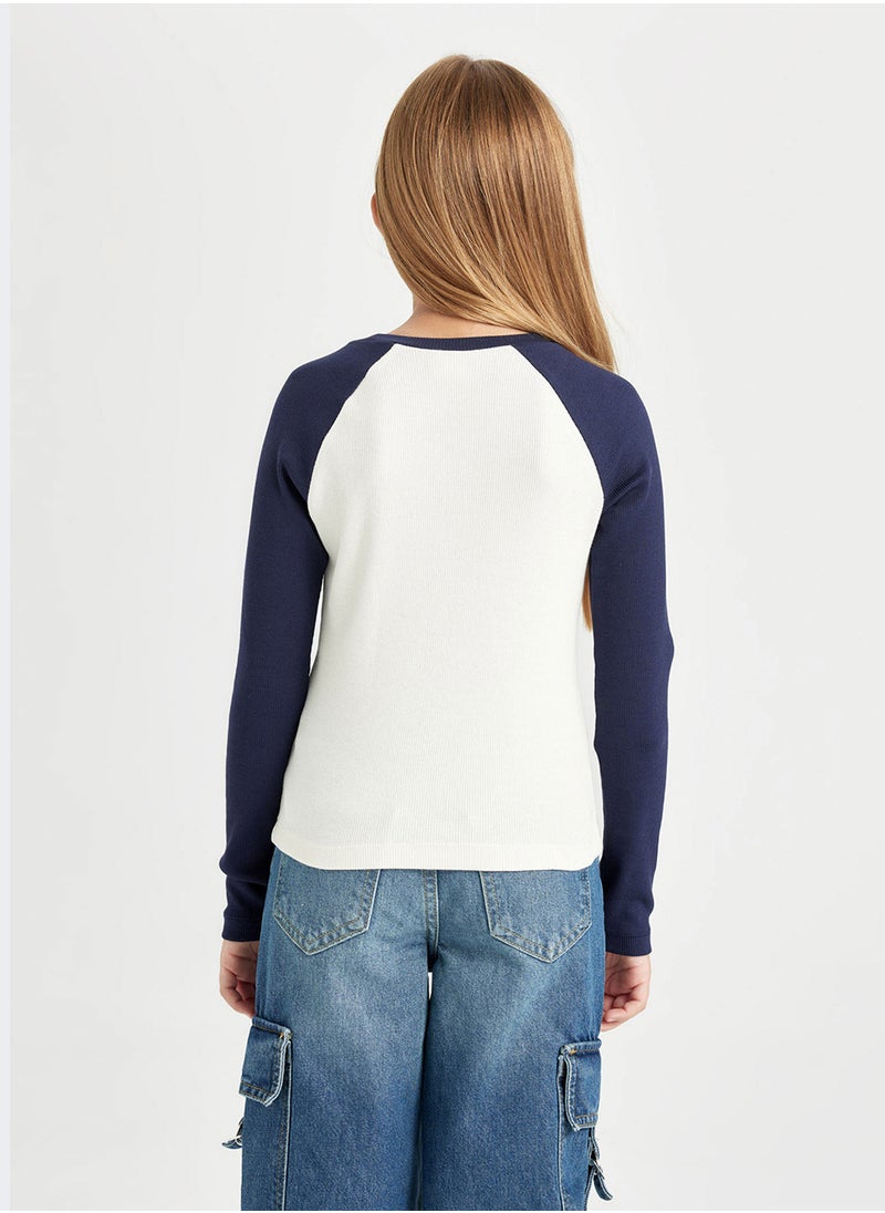 DeFacto - Cropped Crew Neck Printed Ribbed Long Sleeve T-Shirt - Image 1