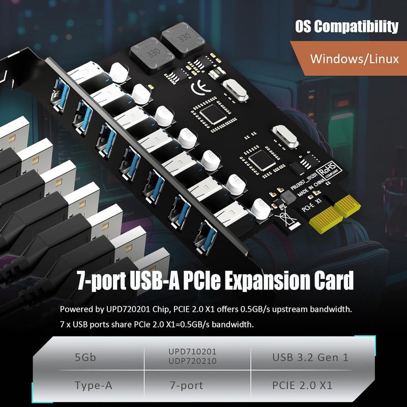 GLOTRENDS GLOTREND U3057 7-Port PCIe USB Expansion Card, 7 Type-A Ports (USB 3.2 Gen 1), Compatible with Windows Linux (Not for Mac OS) - Image 3