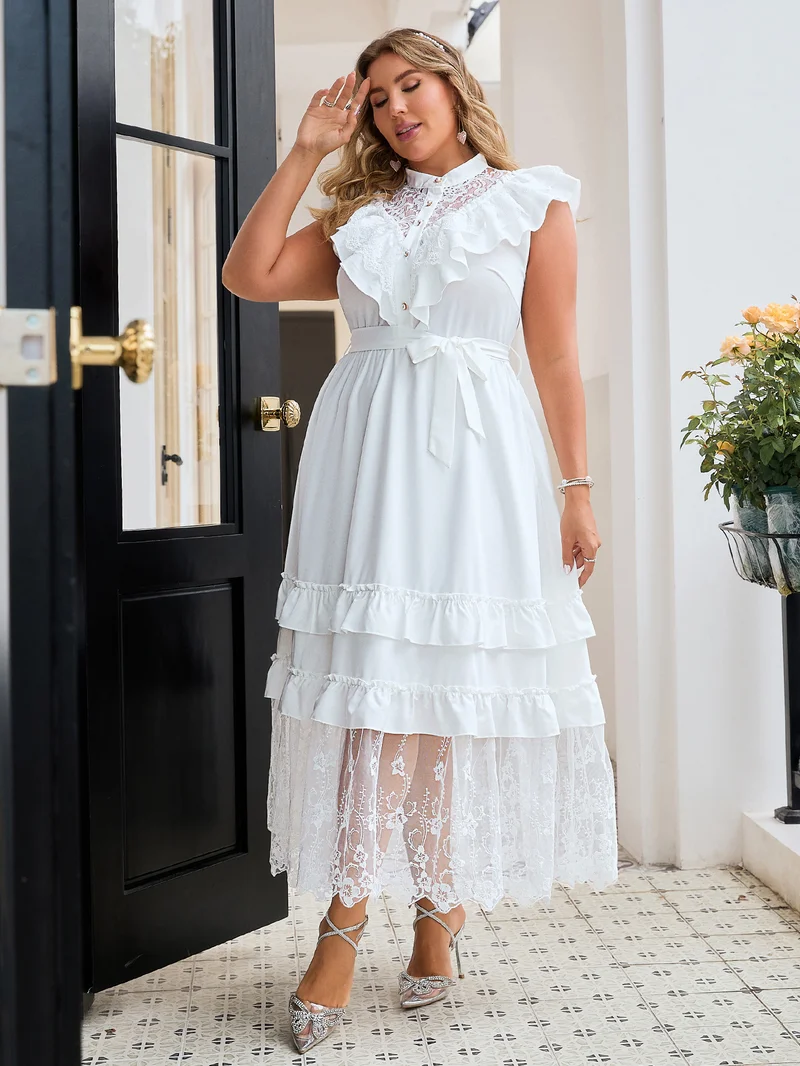 Simplee Mock Neck Ruffle Flutter Sleeve Maxi Dress, Multi Layer Lace Cake Skirt, Elegant Party Dress