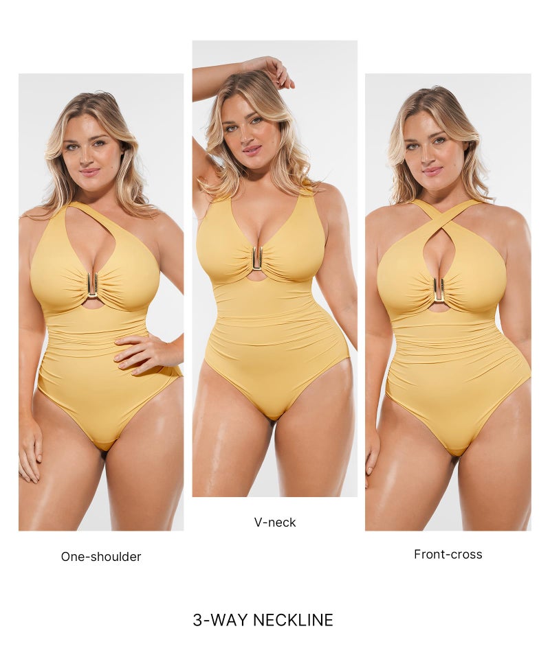 SHAPELLX Tummy Control Swimsuits Women Shapewear Swimsuits Women Bathing Suit Ruched Slimming Swimwear Yellow L - Image 2