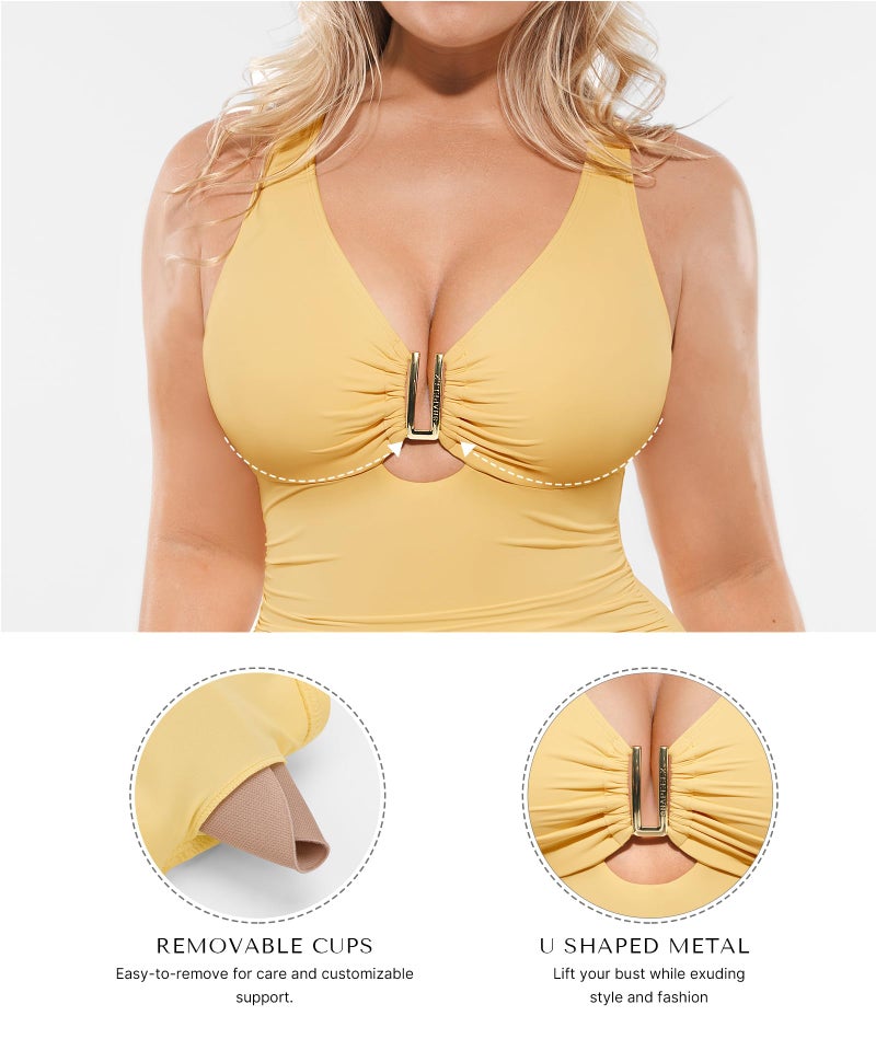 SHAPELLX Tummy Control Swimsuits Women Shapewear Swimsuits Women Bathing Suit Ruched Slimming Swimwear Yellow L - Image 4