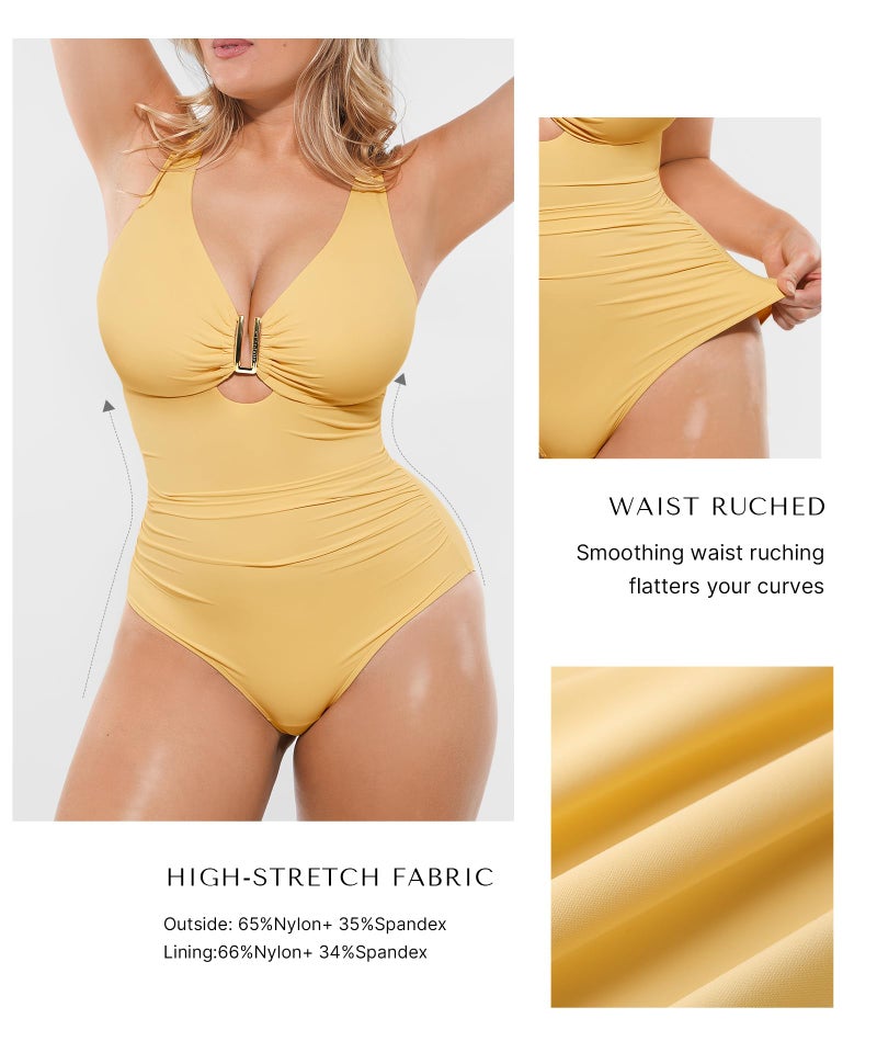 SHAPELLX Tummy Control Swimsuits Women Shapewear Swimsuits Women Bathing Suit Ruched Slimming Swimwear Yellow L - Image 5