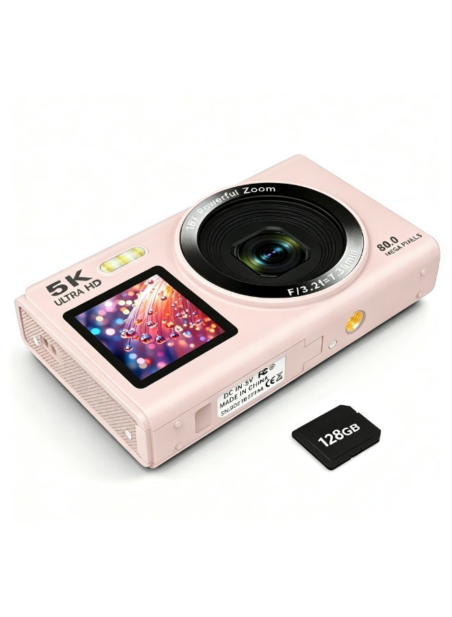 ZONBON Digital camera, 5K portable digital camera, equipped with 128GB SD card,with 3-inch flip screen for vloggers, 18x digital zoom children's camera, suitable for boys and girls, pink - Image 1