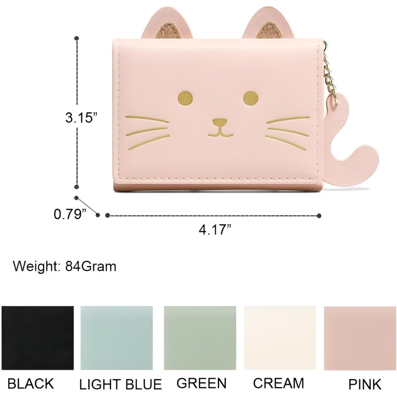 Cute Cat Card Case - Small black tri-fold wallet with 3D cat illustration and tail pendant, includes cash storage and multiple card holders (BLACK) - Image 4