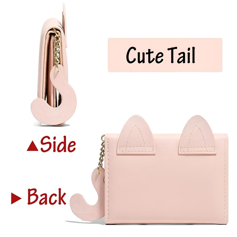 Cute Cat Card Case - Small black tri-fold wallet with 3D cat illustration and tail pendant, includes cash storage and multiple card holders (BLACK) - Image 3