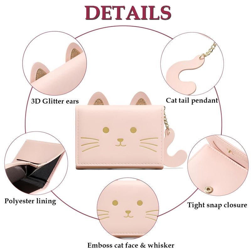 Cute Cat Card Case - Small black tri-fold wallet with 3D cat illustration and tail pendant, includes cash storage and multiple card holders (BLACK) - Image 5