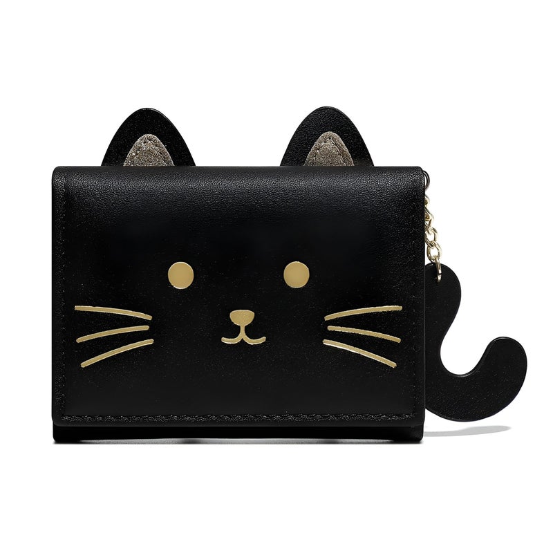 Cute Cat Card Case - Small black tri-fold wallet with 3D cat illustration and tail pendant, includes cash storage and multiple card holders (BLACK) - Image 1