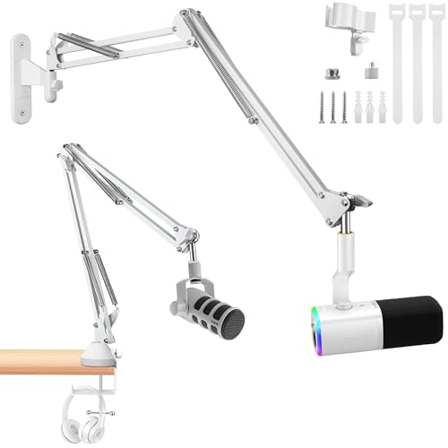 AceTaken White Mic Wall Mount and Microphone Boom Arm Desktop Clamp Stand compatible with Shure FIFINE Blue Yeti,Razer,HyperX Mic Kit for Broadcasting, Podcasts,Streaming and Gaming - Image 1