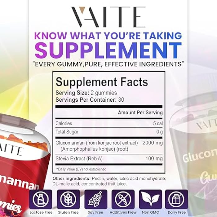 VAITE Glucomannan Gummies 2000mg – Amorphophallus Konjac Root Extract – Plant-Based Daily Fiber Support – Vegan Soluble Fiber Supplement – Gluten-Free, Soy-Free – 60 Gummies – Easy to Chew - Image 3
