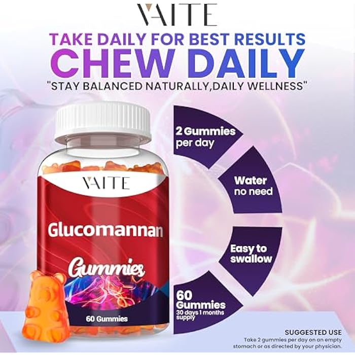 VAITE Glucomannan Gummies 2000mg – Amorphophallus Konjac Root Extract – Plant-Based Daily Fiber Support – Vegan Soluble Fiber Supplement – Gluten-Free, Soy-Free – 60 Gummies – Easy to Chew - Image 4