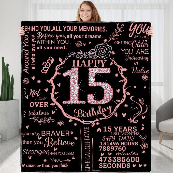 15TH BIRTHDAY BLANKET GIFTS FOR GIRLS HAPPY 15TH BIRTHDAY GIFT IDEAS FOR HER 15 YEAR OLD GIFTS FOR DAUGHTER SISTER BESTIE PERSONALIZED FLANNEL FLEECE SOFT THROW BLANKET