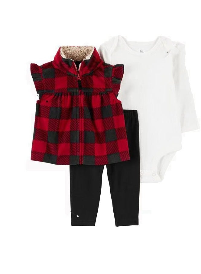RedMapleTEK Baby Boy And Girl Sweater Jacket Hooded Coat Long-Sleeved Jumpsuit Baby Three-Piece Set  - Image 1