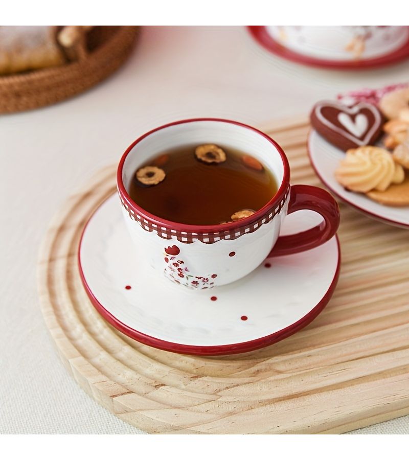 Three Dimensional Embossed Ins Style Red Floral Ceramic Coffee Cup And Saucer Set Creative Afternoon Tea Gift - Image 2