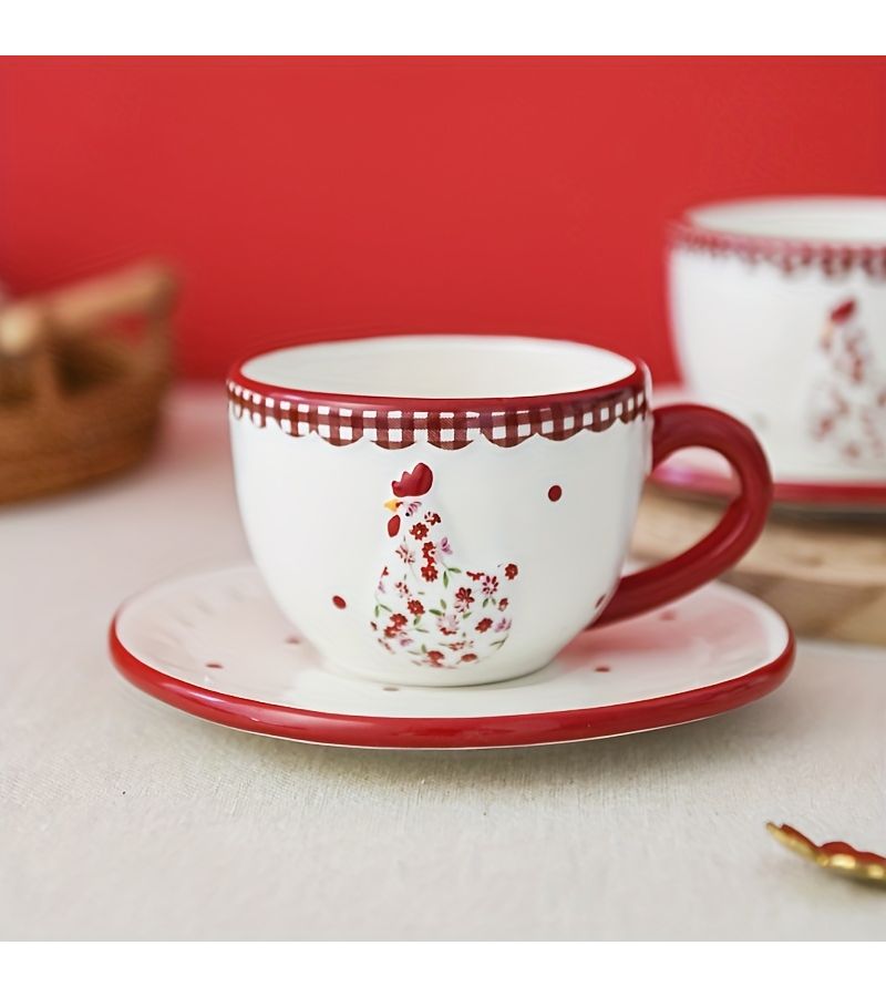 Three Dimensional Embossed Ins Style Red Floral Ceramic Coffee Cup And Saucer Set Creative Afternoon Tea Gift - Image 1