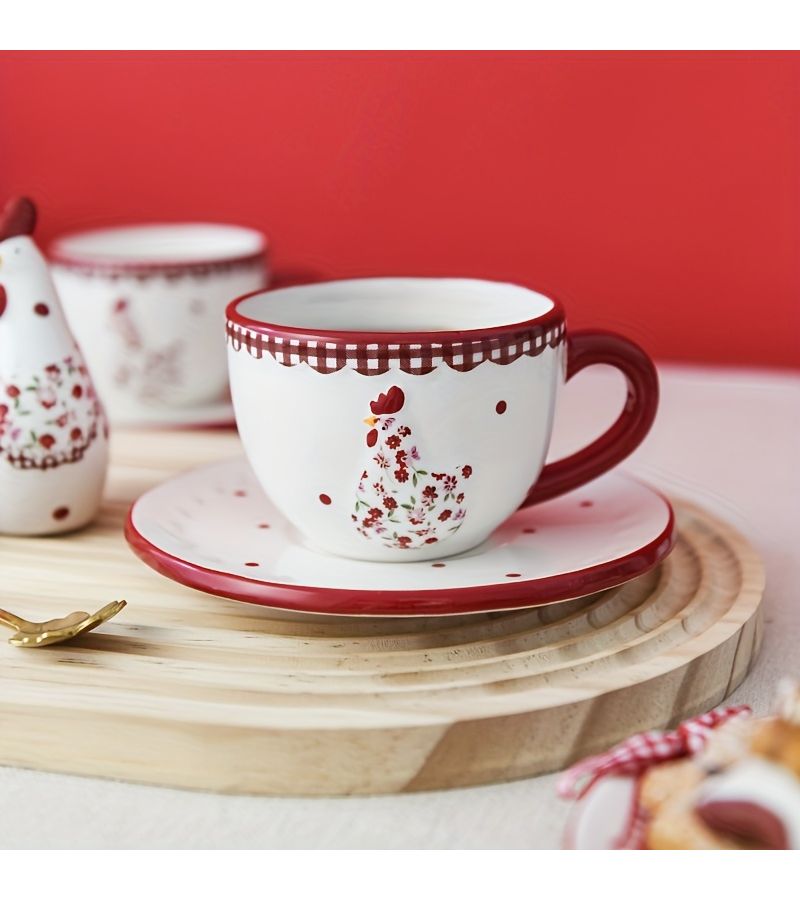 Three Dimensional Embossed Ins Style Red Floral Ceramic Coffee Cup And Saucer Set Creative Afternoon Tea Gift - Image 5