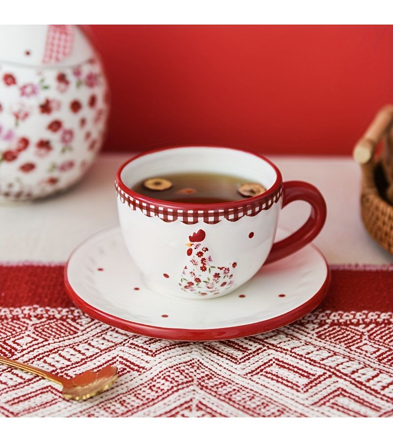 Three Dimensional Embossed Ins Style Red Floral Ceramic Coffee Cup And Saucer Set Creative Afternoon Tea Gift - Image 4