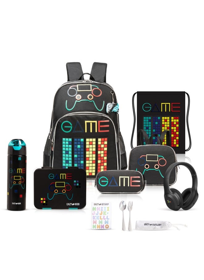 Eazy Kids Eazy Kids 17Inch Set of 7 School Bag w/ Water Bottle, Lunch Box, Lunch Bag, Activity Bag and Pencil Case & BT Headset Gen Z Gamer - Black  - Image 1