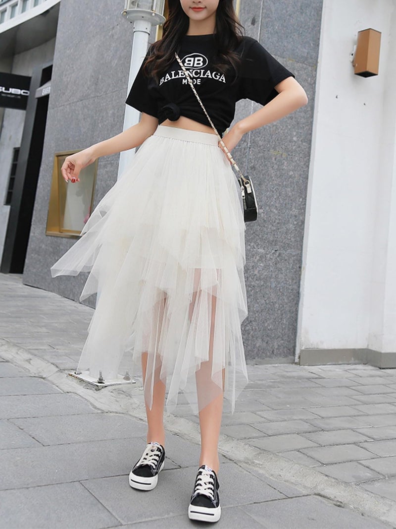 Reaowazo Tulle Skirts for Women Midi Long Fairy Skirt Tutu A-Line Mesh Layered High Elastic Waist Halloween Skirts White One Size - Image 2