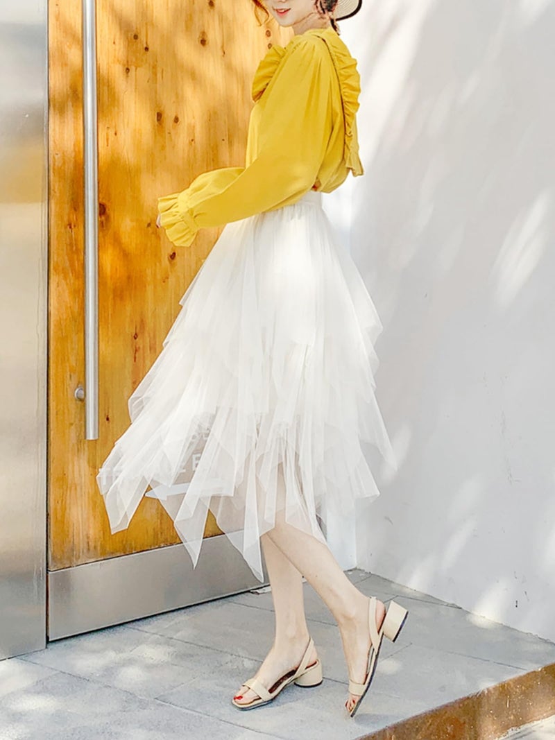Reaowazo Tulle Skirts for Women Midi Long Fairy Skirt Tutu A-Line Mesh Layered High Elastic Waist Halloween Skirts White One Size - Image 5