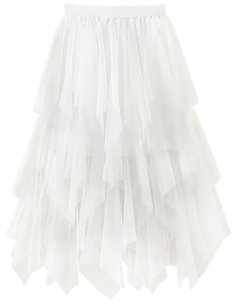 Reaowazo Tulle Skirts for Women Midi Long Fairy Skirt Tutu A-Line Mesh Layered High Elastic Waist Halloween Skirts White One Size - Image 1