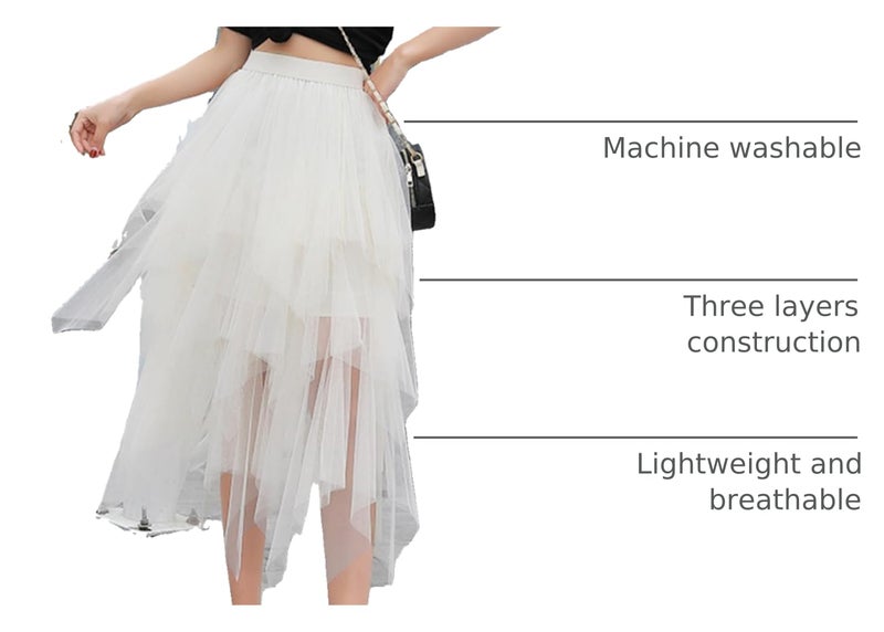Reaowazo Tulle Skirts for Women Midi Long Fairy Skirt Tutu A-Line Mesh Layered High Elastic Waist Halloween Skirts White One Size - Image 4