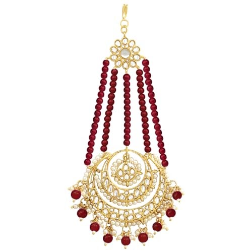 Peora Gold Plated Kundan & Maroon Beads Studded Passo Jhumar Maangtikka Ethnic Jewellery for Women - Image 5