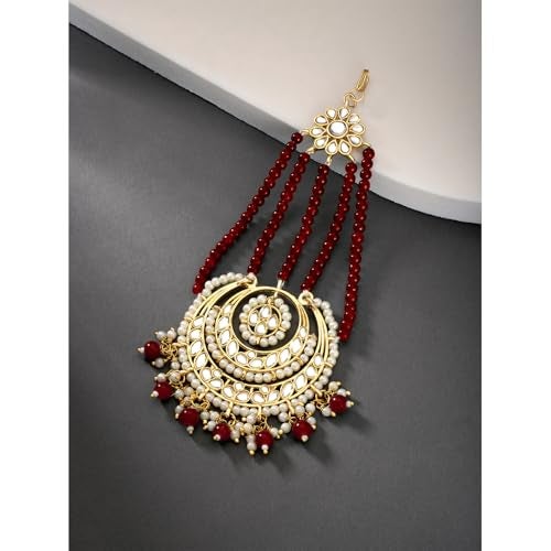 Peora Gold Plated Kundan & Maroon Beads Studded Passo Jhumar Maangtikka Ethnic Jewellery for Women - Image 3