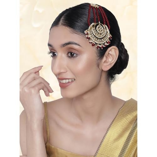 Peora Gold Plated Kundan & Maroon Beads Studded Passo Jhumar Maangtikka Ethnic Jewellery for Women - Image 2