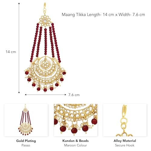 Peora Gold Plated Kundan & Maroon Beads Studded Passo Jhumar Maangtikka Ethnic Jewellery for Women - Image 4