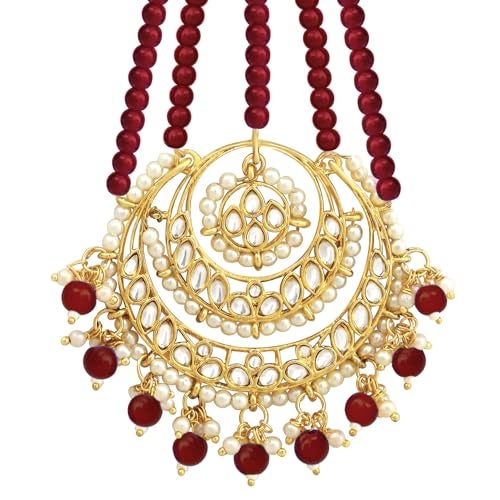 Peora Gold Plated Kundan & Maroon Beads Studded Passo Jhumar Maangtikka Ethnic Jewellery for Women - Image 1