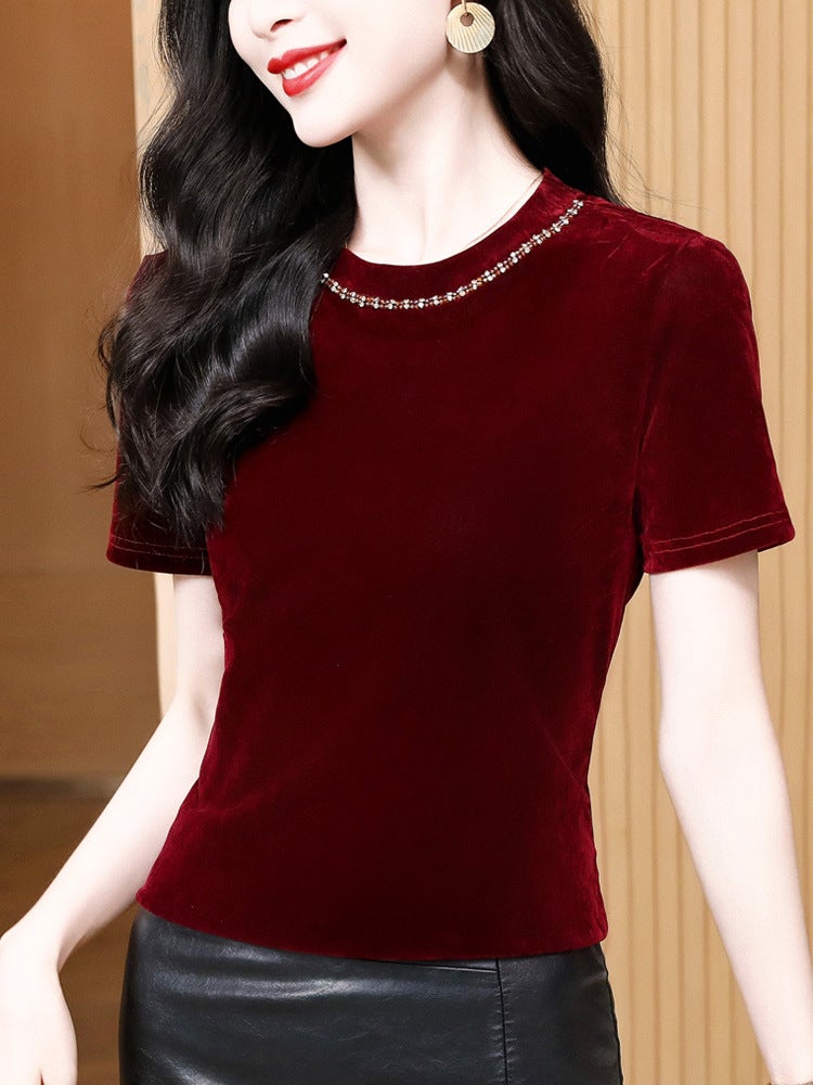 Real S Of The New Style, Versatile And Elegant Round Neck Beaded Short-Sleeved Velvet Inner And Outer T-Shirt - Image 1