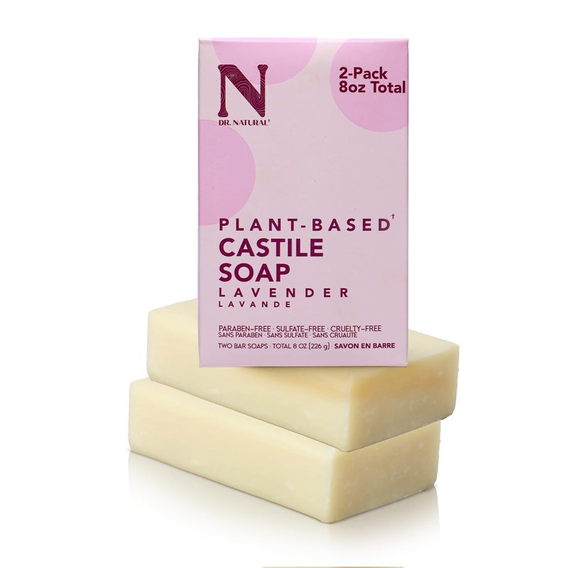 Dr. Natural Castile Bar Soap - Multipurpose Soap Bar with Anti-Acne Properties - For Face, Body and Hair - Sensitive Skin Body Wash - Lavender - 2 pcs - Image 1