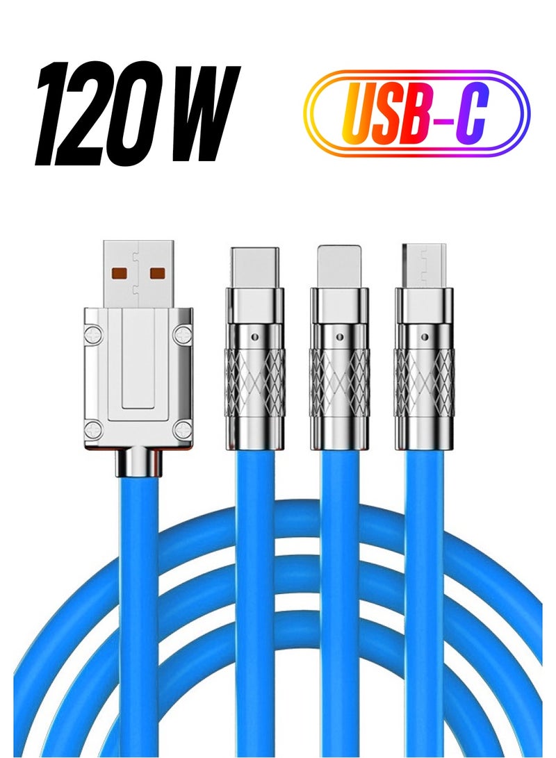 3 in 1 Universal Multiple USB Cable Fast Charging Cable, Charger Cord for Multiple Devices, Maximum Output Power 120W,  Safety Charging Adapter for Most Cell Phone, Tablets (Blue, 1.2 Meter) - Image 1