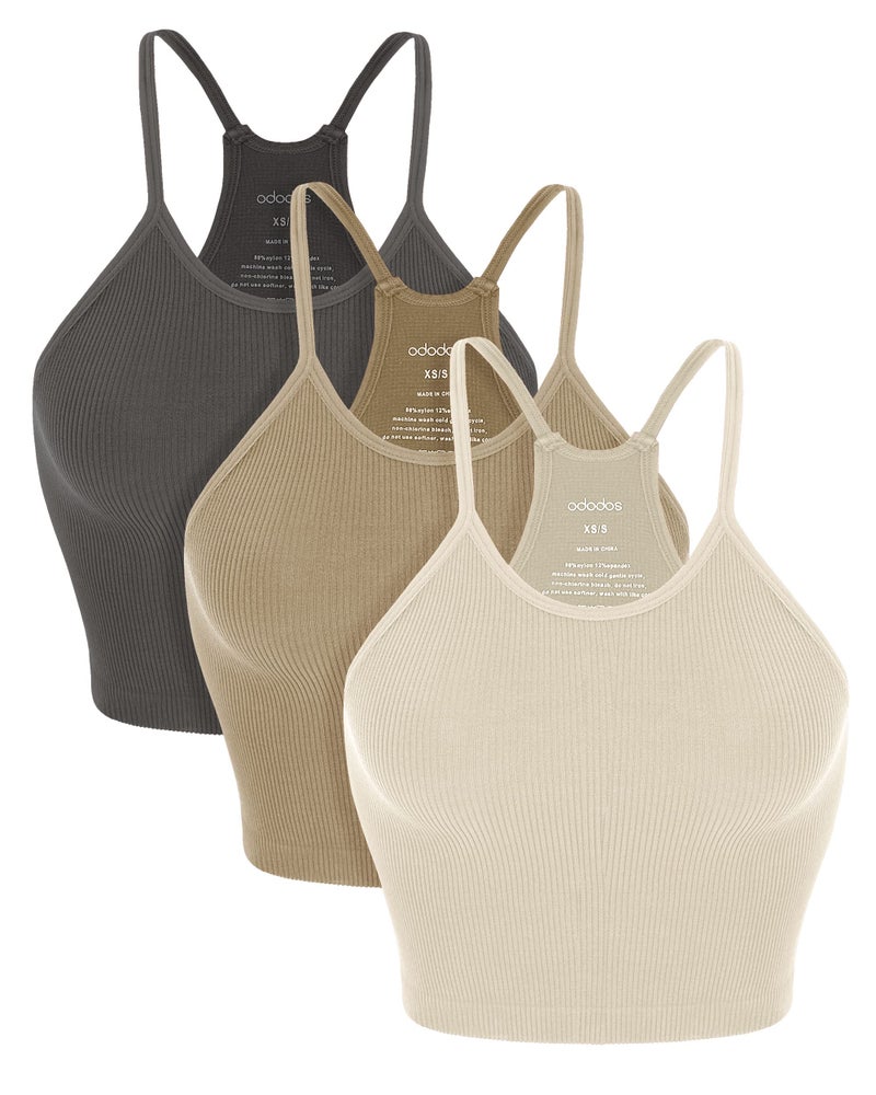 ODODOS Women's Crop 3-Pack Seamless Rib-Knit Camisole Crop Tank Tops, Mushroom Taupe Charcoal, X-Small/Small - Image 1