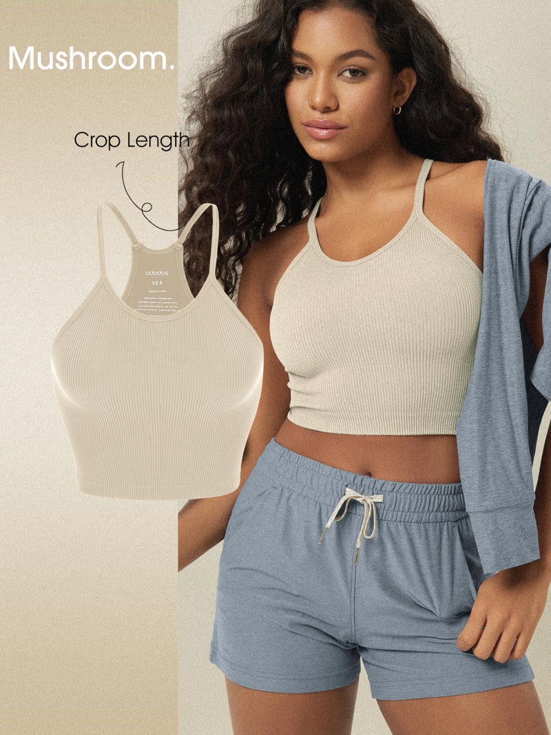 ODODOS Women's Crop 3-Pack Seamless Rib-Knit Camisole Crop Tank Tops, Mushroom Taupe Charcoal, X-Small/Small - Image 3