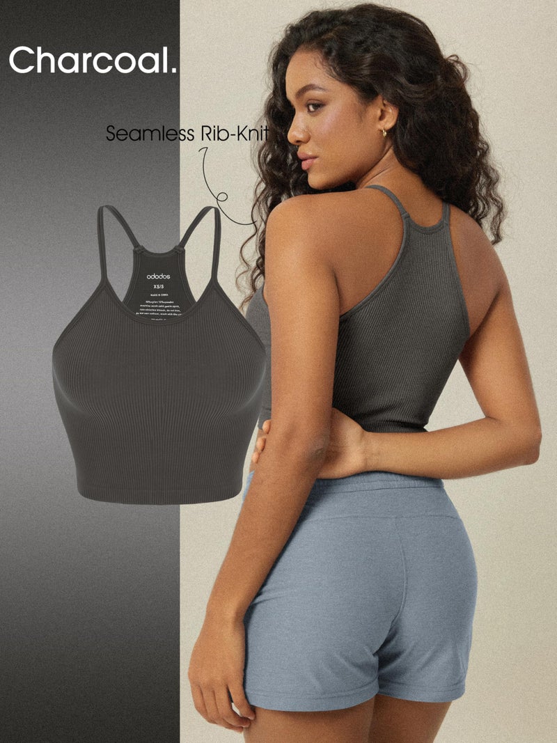 ODODOS Women's Crop 3-Pack Seamless Rib-Knit Camisole Crop Tank Tops, Mushroom Taupe Charcoal, X-Small/Small - Image 5