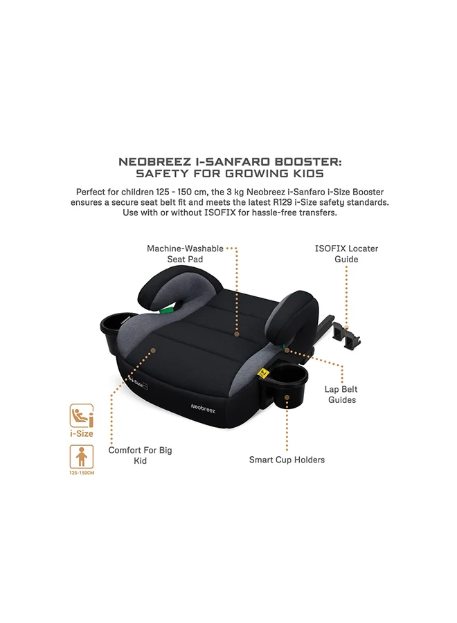 neobreez i-SANFARO ISOFIX Backless Booster Car Seat, Double Padded Foam, Compact, Lightweight&Portable Travel Kids Childrens Toddler Booster Seat, Arm Rest Seat, 2 Cup Holder, ECER129, 6-12Yrs, 22-36Kg