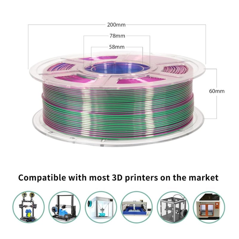 Protomont TECHNOLOGIES خيوط فيلامونت PLA الحريرية 1.75 مم، خيوط طابعة ثلاثية الأبعاد، خيوط حريرية لامعة 1.75 PLA، 1 كجم (2.2 رطل) / بكرة (أزرق ثلاثي أخضر بنفسجي) - Image 5