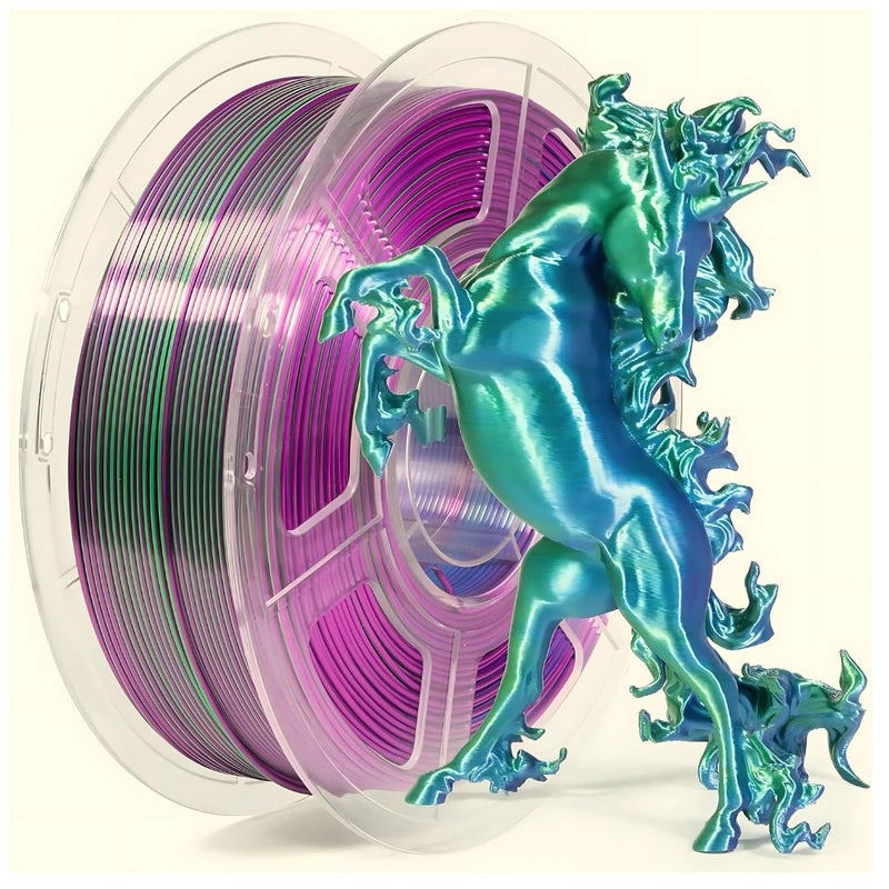 Protomont TECHNOLOGIES خيوط فيلامونت PLA الحريرية 1.75 مم، خيوط طابعة ثلاثية الأبعاد، خيوط حريرية لامعة 1.75 PLA، 1 كجم (2.2 رطل) / بكرة (أزرق ثلاثي أخضر بنفسجي) - Image 1