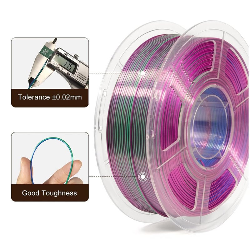 Protomont TECHNOLOGIES خيوط فيلامونت PLA الحريرية 1.75 مم، خيوط طابعة ثلاثية الأبعاد، خيوط حريرية لامعة 1.75 PLA، 1 كجم (2.2 رطل) / بكرة (أزرق ثلاثي أخضر بنفسجي) - Image 2