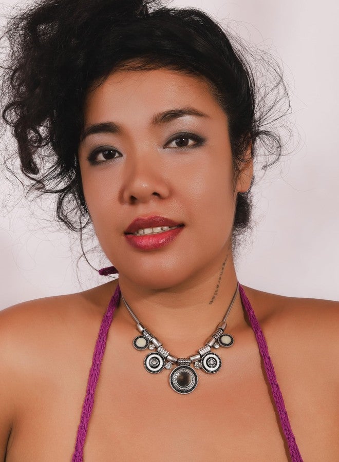 MINACHI Vintage Bohemia Ethnic Monochrome Silver-Toned Charm Pendant Choker Necklace, Silver-Toned Chain Necklace for Women - Image 2