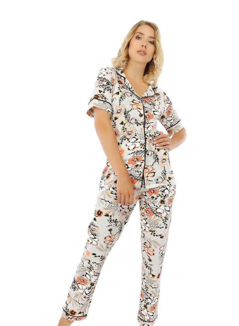 جنة طقم بيجامه بزراير نسائي كم قصير وبنطلون طويل صيفيه قطن