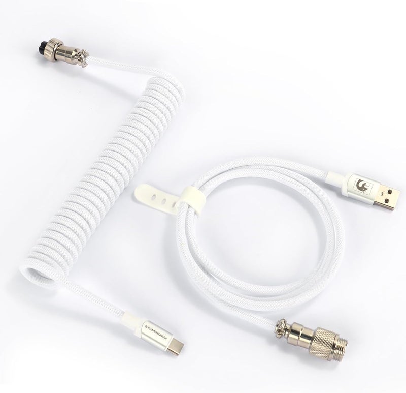 MAMBASNAKE كابل USB-C ملفوف من للوحة مفاتيح الألعاب، مضفر من النايلون مع موصل طيار معدني قابل للفصل، نوع C فائق السرعة مع معدل إرجاع 8 كيلوهرتز، طول 4.92 قدم (C01Pro/أبيض) - Image 1
