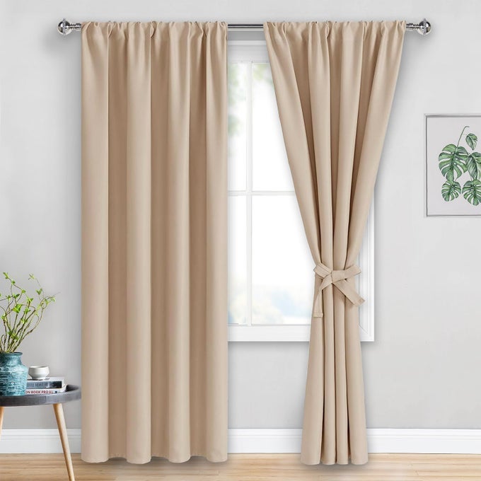 Blackout Curtains for Bedroom Thermal Insulated Room Darkening Rod Pocket Curtains for Living Room Set of 2 Panels with Tiebacks 42 x 84 Inch Length Beige