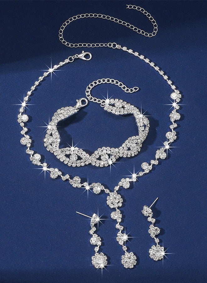 JiuAn 3Piece Necklace Bracelet and Earrings Set Full Diamond Necklace Crystal Earrings Wedding Bridal Bridesmaid Costume Jewelry Set for Women and Girls Dress Accessorie - Image 2